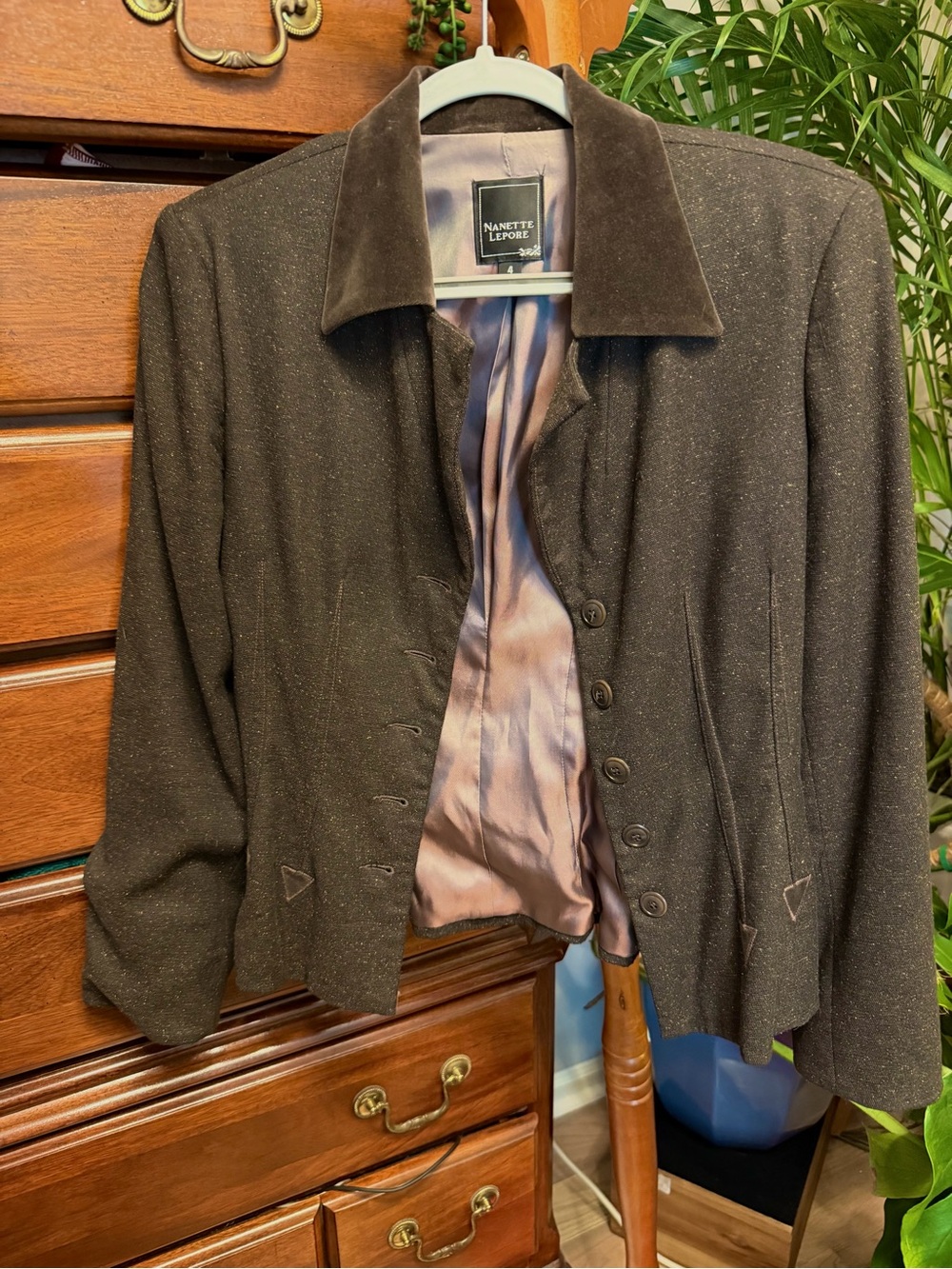 Nanette Lepore Women's Brown Velvet Collared Button-Front Jacket - Picture 6 of 8